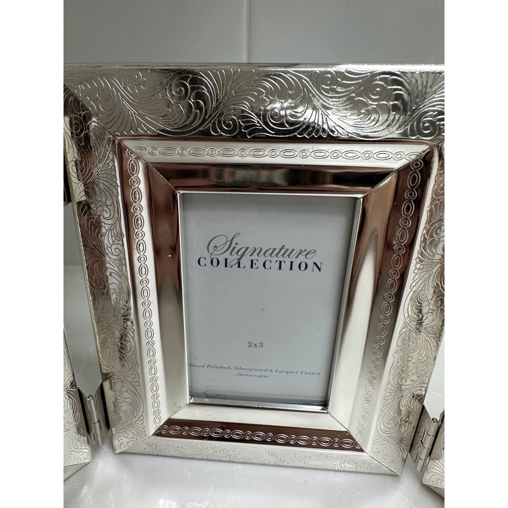 Sheffield Home Ornate Silver Plate Folding Triple Picture Frame 2x3 Scroll Bead